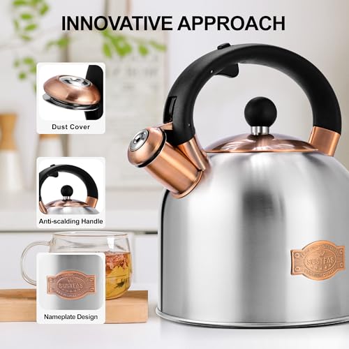 SUSTEAS Tea Kettle - 3.17QT Whistling Kettle with Ergonomic Handle - Premium Stainless Steel Tea Pots for Stove Top, Chic Vintage Teapot with Composite Base, Work for All Stovetops (Silver) by SUSTEAS - Image 2