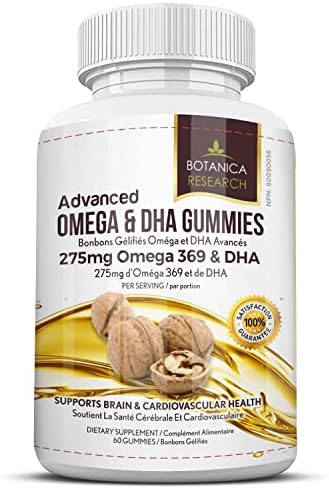 Omega 3 6 9 Chewable Gummy Supplement with DHA Vitamin C - Fatty Acids Vitamin for Cardio Vascular, Cognitive & Boost Immune System Support - No Fish Oil Taste 60 Triple Strength Gummies Botanica