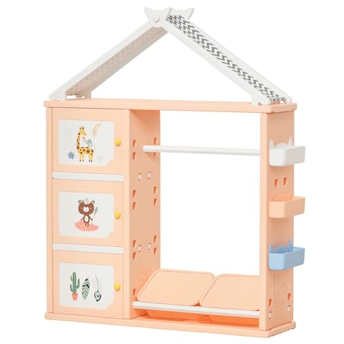 HOMCOM Armadio Cameretta, Mobile Portagiochi con Contenitori e Appendiabiti in PE Arancione, 128x34x155cm