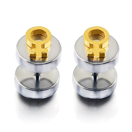 1 Pair Gold Female Emblem Stainless Steel Men's Round Barbell Ear Stud Silver Color Earring 10mm-image-2