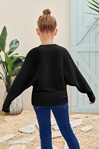 Mafulus Girl's Oversized Crewneck Sweaters Kids Batwing Long Sleeve Slouchy Chunky Cute Knit Pullover Jumper 5-14T Black #TOP3
