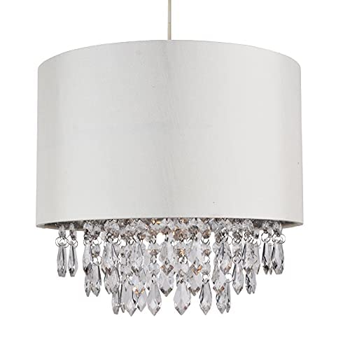 Modern 30cm Cream Ceiling Light Pendant Shade Chrome Inner & Clear Droplet Beads