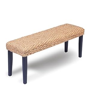 Acacia Solid Wood Bench with Woven Water Hyacinth Seat, Entryway Bench, Wicker Benches Indoor for Hallway, End of Bed, Kitchen, Rustic Farmhouse Boho (Plait Style – Black Leg)