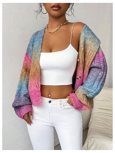 GORGLITTER Women's Colorful Button Up Cropped Cardigan Sweaters Open Front Long Sleeve Chunky Knit Cardigan3