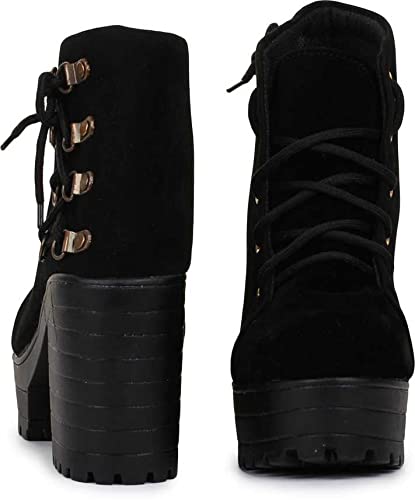 Image of Women's Black Valvet Suede Ankle Boots with Lace-Up Detail, Block Heel, Platform Sole CF S20