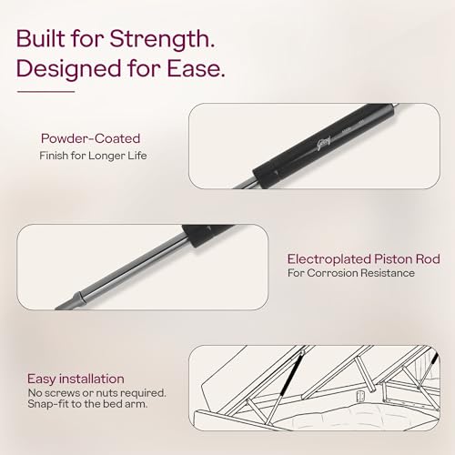 Image of Godrej Furniture Fittings I Neulift Gas Spring Heavy Duty I 500 N I Suggested Weight Capacity - 20 to 25 Kg I Accessories for Bed Fittings I Suitable for Storage of Bed Unit I Grey Finish (1 Pair)