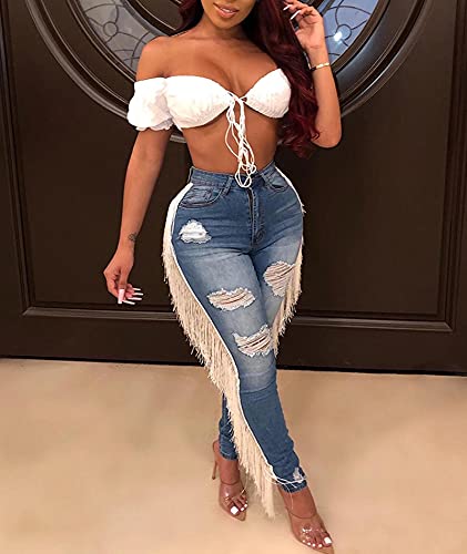 SOMTHRON Women's Tassel High Waisted Ripped Skinny Jeans Distressed Destroyed Long Fringe Denim Pants Hip Hop Streetwear4