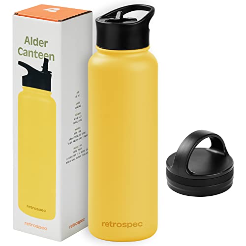 Retrospec Alder Insulated Water Bottle with Straw Lid & Handle Cap - Stainless Steel Wide Mouth Double-Wall Vacuum Insulated Thermos - BPA Free Leakproof Canteen - Honey, 40oz -  4902