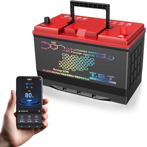 TET Lithium Car Battery BCI Group 27R, 12.8V 80Ah 1024Wh 1800CCA, Lead-Acid Replacement Maintenance Free Low Self-Discharge Battery