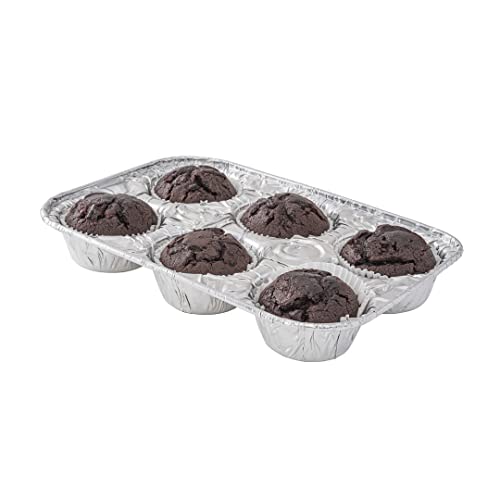 Restaurantware Pastry Tek Silver Aluminum Cupcake / Muffin Pan - 6-Compartment - 9 1/2" X 6 1/2" X 1 1/2" - 25 Count Box #TOP19