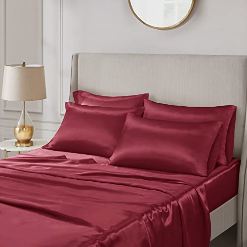 Madison Park Essentials Satin Sheet Set Luxury and Silky with Natural Sheen, Premium 16" Deep Pocket, All Around Elastic - Year-Round Bedding, Full, Red, 6 Piece - Image 3