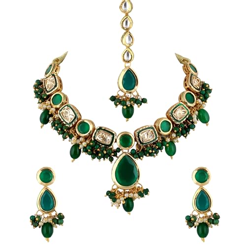 Image of Lucky Jewellery Meenakari 18k Gold Plated Tika Earring Combo Uncut Big Faux Kundan Choker Necklace set