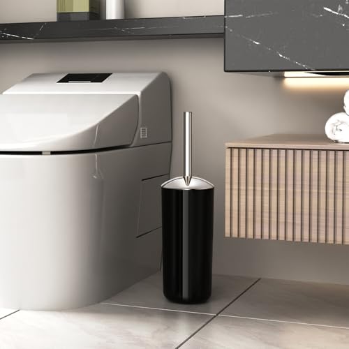 Image of Toilet Brush and Holder Set of 2 | Great Value 2-Pack for Multiple Bathrooms | Sturdy Reinforced Handle for Durability | Discreet Enclosed Caddy | 360 Deep Cleaning Bristles | (Black)