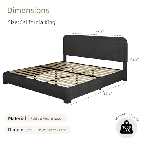 Image of BarnFurin Boucle Upholstered California King Bed /Soft Rounded Corners Headboard /Low Profile Bed Frame /No Box Spring Needed /Non-Slip and Noise-Free /Black