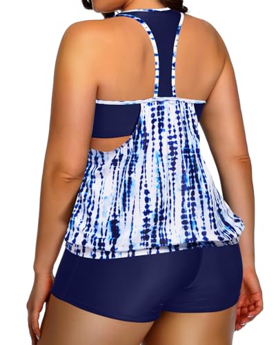Image of Womens Plus Size Tankini Swimsuit Two Piece Tummy Control Bathing Suit | Blouson Racerback Tankini Top with Shorts, Double Up Design, Removable Pad