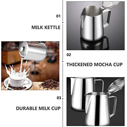 BESTonZON Bricco per latte in acciaio inox con coperchio, 600 ml, per caffè, caffè, caffè, cappuccino, latte, latte… - immagine 4