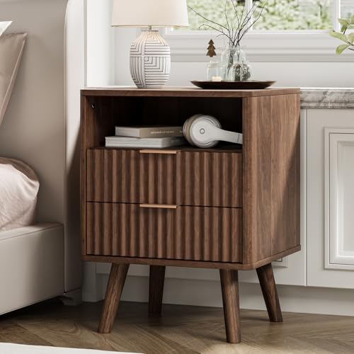 BREEZEHEAT Fluted Nightstand-18 inch Wide Bedside Table with 2 Drawers and Open Shelf, Modern Small Night Stand-End Table for Small Spaces, Bedroom, Black