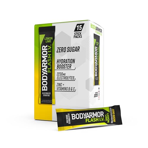 BODYARMOR Flash IV Electrolyte Packets Lemon Lime - Zero Sugar Drink Mix Single Serve Packs Coconut Water Powder (15 Count)