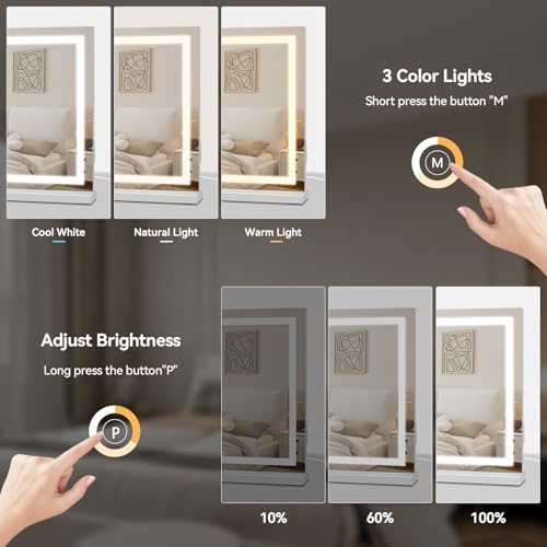 YU YUSING Espejo Maquillaje con Luz, 58 x 48cm, 3 Modos Iluminación Regulables, Espejo Tocador, Espejos de Mesa, Controles Táctiles, Cargdor USB, 10X, Vanity Mirror Tocador Dormitorio, Rectangular - imagen 5