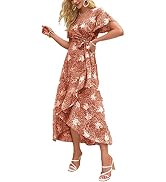 BerryGo Women's Boho Wrap V Neck Ruffle Maxi Dress Cocktail Party Short  Sleeve Long Dress with Slit Apricot S at Amazon Women's Clothing store