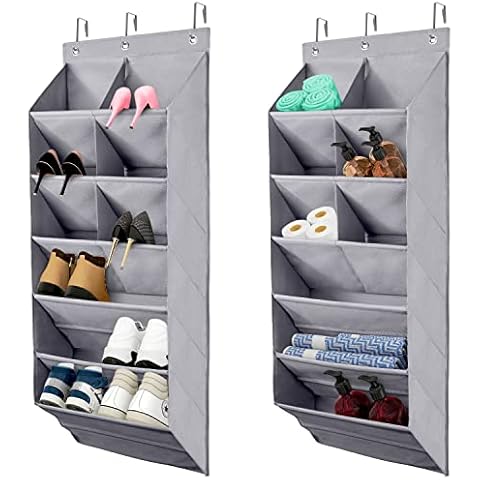 Fentec Over the Door Shoe Organizer, 2 Pack Hanging Shoe Organizer, 6 Large Pockets and 3 Extra Larger Compartments with 3 Hooks Shoe Storage Organizer for Shoes, Sneakers, and Home Accessories, Grey Cover