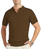 JACKETOWN Poloshirt Herren Kurzarm, Strick Poloshirt Herren mit Vintage V-Ausschnitt Männer-Tshirt Tennis Golf Outdoor Sport Atmungsaktiv für Männer Polohemden(164-Braun-2XL)