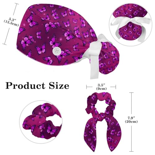 Image of Colored Butterflies Scrub Caps Women Ponytail, Adjustable Bouffant Surgical Caps with Button, Nurse Hats Long Hair