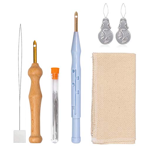 Punch Needle Embroidery Kits, Adjustable Punch Needle Wooden Handle Embroidery Pen Punch Needle Cloth Needle Threader for Embroidery Cross Stitching Beginners