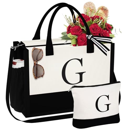 Image of YOOLIFE Gifts for Women - Initial Canvas Tote Bag & Makeup Bag, Birthday Gifts for Women Mom Sister Friends