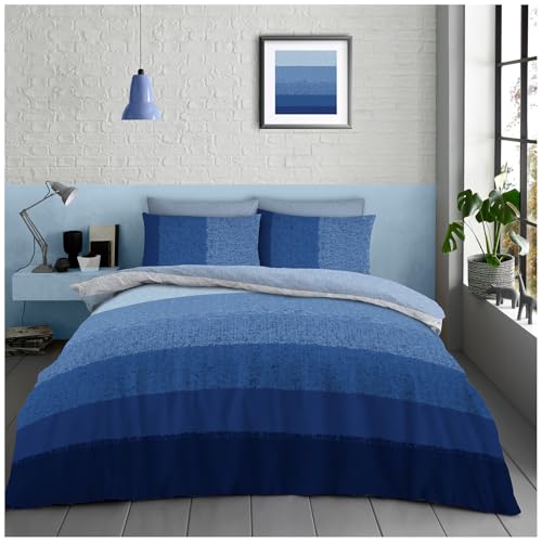 GC GAVENO CAVAILIA Stripe Double Bed Duvet Set, Ombre Stripe Blue Bedding Sets With Pillowcases, Reversible & Polycotton Navy Comforter Cover