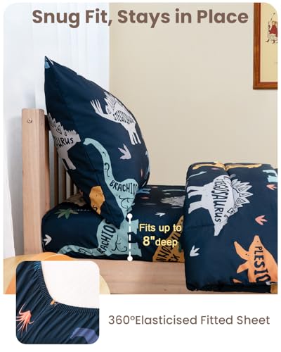 Image of TinyPalsa Toddler Bedding Set, 4-Piece Green Dionosaur Comforter Set for Girls and Boys, Breathable Crib Bedding Includes Ultra-Soft Quilt, Flat and Fitted Sheets, and Reversible Pillowcase
