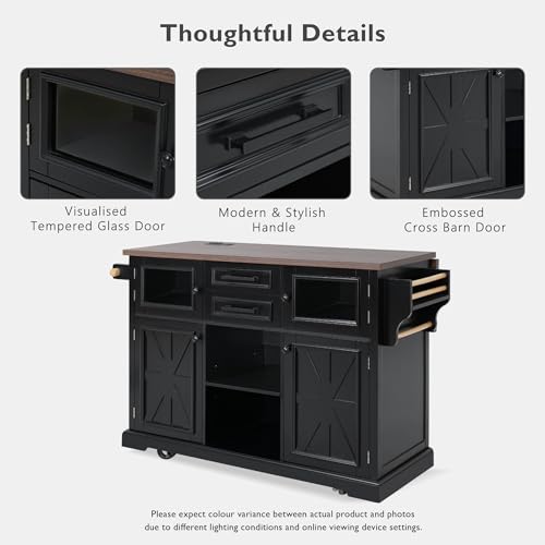 Merax 54.9" Kitchen Island with Drop Leaf, Power Outlet, Rolling Kitchen Storage Cart on 4 Wheels with 4 Door Shelves, Cross Barn Doors & Visual Glass Door for Dining Room,Brown by Merax - Image 6
