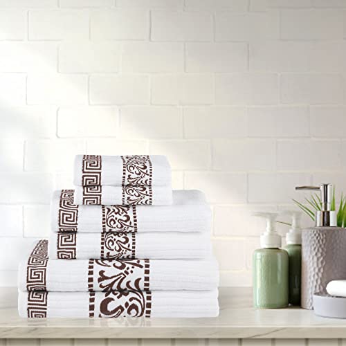 Superior Greek Pattern Decorative 6-Piece Towel Set, Absorbent Premium Cotton, Decor For Bathroom, Spa, Includes 2 Hand, 2 Face, And 2 Bath Towels, Home Essentials, Athens Collection, Chocolate #TOP1