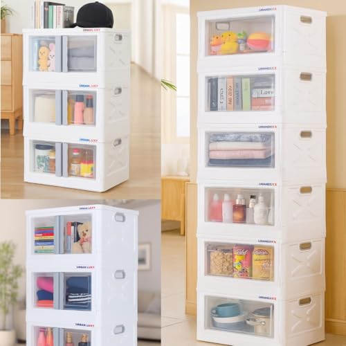 Image of URBAN LUXY Foldable Plastic Rack for Storage /Kitchen Cupboard /Sturdy Wardrobe for Clothes /Multipurpose Storage Organizer /Closet for Bedroom /Living Room /Laundry Room (White-Storage BIN - 2DOOR, 2PCS)