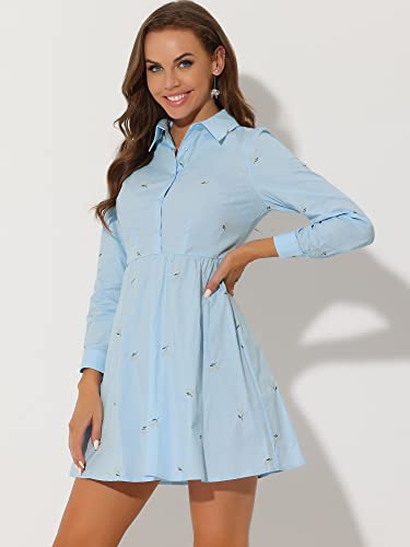Image of Allegra K Women's Shirt Dress A Line Embroidered Floral Mini Dresses | Casual, Collar, Long Sleeve, Button Down, Half Placket, Invisible Zipper, Knee Length