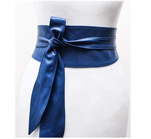 Woman's Genuine Royal Blue Leather Obi Sash Wrap Tie Plus Size Corset Waist Cincher Wide biker Leather Belt3