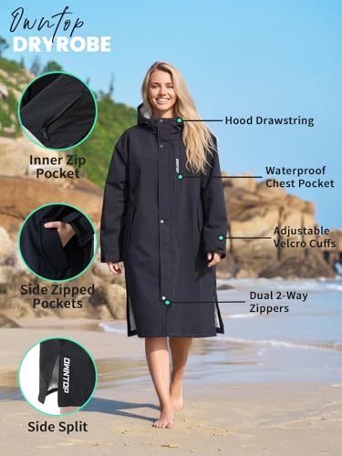 Owntop Wasserdichter Winddichter Wickelmantel – Übergroßer Quick-Dry Langarm Mantel mit Kapuze für Strand Schwimmen Surfen Spaziergänge, Schwarz+Grau, M(170-175CM/60-70KG)