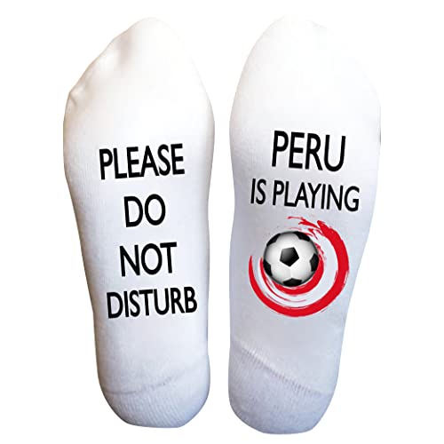 Funky Fun Peru Soccer Socks With Sayings: Handcrafted Novelty Delights for All Ages, Versatile Sizing for Sizes 6-14, Exceptional Comfort & Durability, Do Not Disturb Collection- Peru is playing