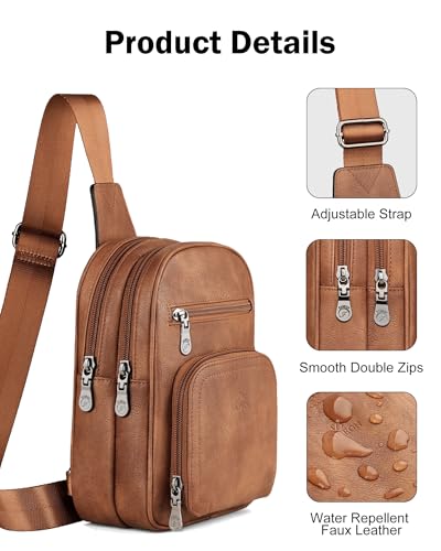 FADEON Sling Bags for Women Crossbody Bags, Designer PU Leather Sling Purse Multi-Pocket Packs with Card Slot Purse Brown4