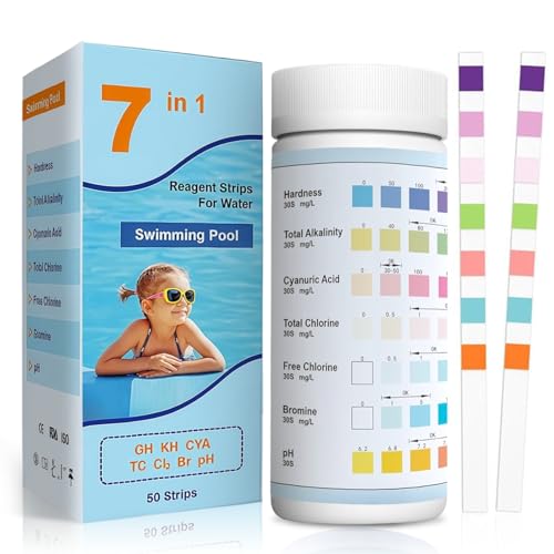 100 tiras reativas de teste de piscina e spa 7 em 1, tiras para banheira de hidromassagem pH teste, alcalinidade, dureza total, medidor de cloro livre, ácido cianúrico, cloro e bromo, resultados