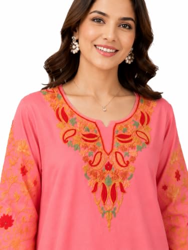 Image of HAUTEMODA Women Cotton Floral Embroidered Short Kurti, Tunic, Three-Fourth Sleeves, White