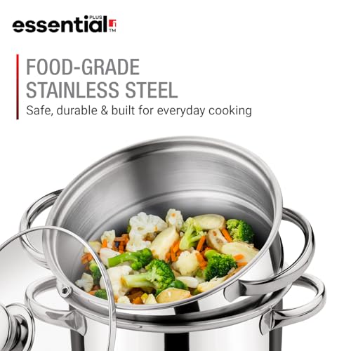 Image of Essential Plus Stainless Steel 2 Tier Steamer (18cm Dia) 2.5L, Multipurpose Pot, Stainless Steel Multi kadai, Even and Fast Heating, For Dhokla, Modak, Patra etc - Induction and Gas Stove Ready