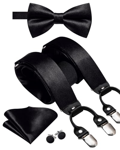 Image of Dubulle Suspender and Bow Tie for Men Paisley Solid Mens Suit Braces Pretied Bowtie and Handkerchief Cufflinks Formal Wedding