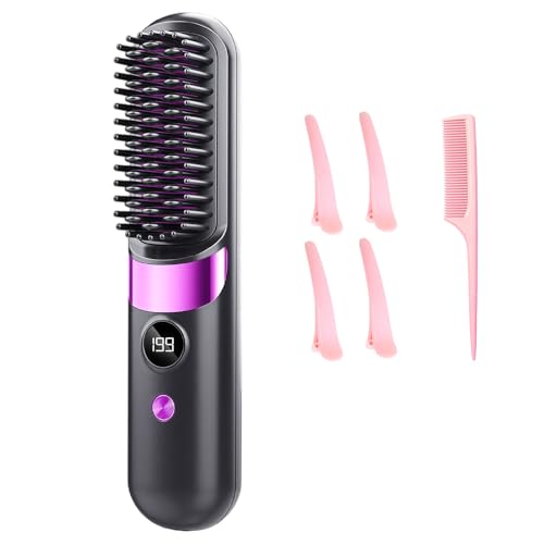Go Brush Pro UK Cordless Hair Straightener Brush 4 Heat Settings LED Display Portable Travel Styler for Long Hair Daily Use