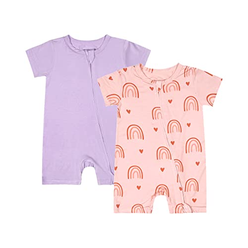 Image of Teach Leanbh Baby Boys Girls 2 Pack Bamboo Viscose Pajamas 2 Way Zipper Short Sleeve Romper Jumpsuit Sleep and Play