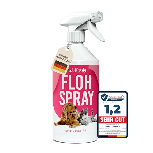 Petsly Flohmittel Katzen Hunde & Textilien -1L- Nicht färbend - Flohspray für Wohnung und Möbel - Langzeitschutz - mit natürlichen ätherischen Ölen wie Citronella- & Geraniol-Öl