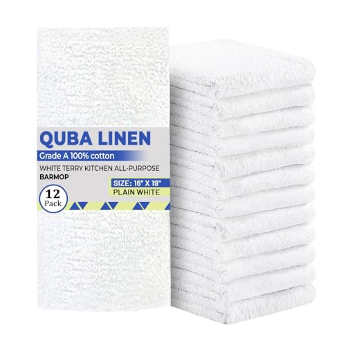 QUBA Linen - Bar Mops Towels, 12 Pack Premium Quality 100% Cotton, Size 16x19 Highly Absorbent and Multi-Purpose Cleaning Rags - Terry Towels for Home and Kitchen Machine Washable bar mops (12)