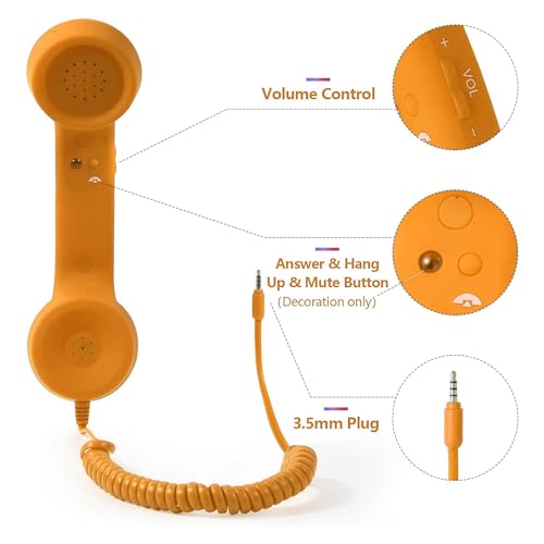 Handyhörer, 3,5-mm-kabelgebundener Retro-Telefonhörer mit USB-C-Adapter, Strahlungssicherer Vintage-Telefonhörer für Smartphones (ORANGE)