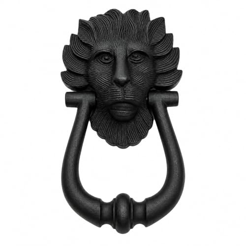 7.5” Flaming Mane Lion Ring Knocker – Cast Iron Matte Black | Classic Gothic Vintage Front Entryway Accent Paintable | Mounting Hardware included- BB-269