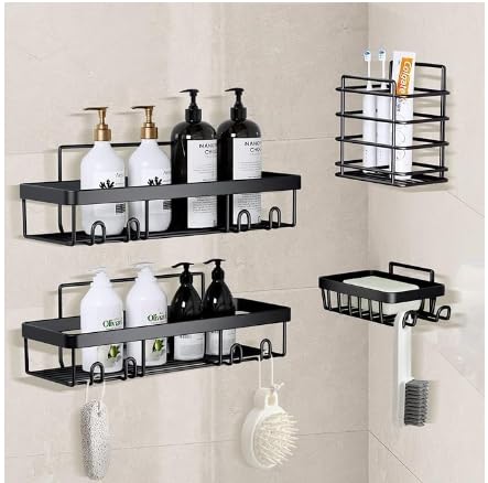 浴室用ラック シャワーラック マグネットラック【ステンレス製/強力マグネット/徹底した省スペース設計】フック 浮かせる収納 浴室ラック お風呂 バスルーム バスケット 5個セット 浴室 洗面所 キッチン 収納棚 (ブラック)